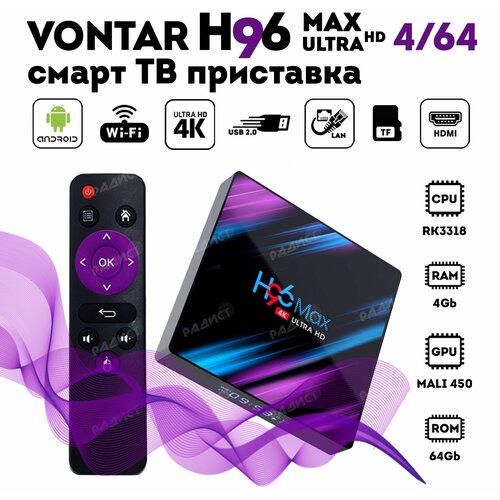 Смарт ТВ приставка H96 max 4/64 gB / Андроид приставка H96 max Android 10