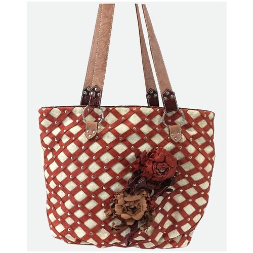 фото Авторская женская сумка-шоппер валентина из натуральной кожи и грубого текстиля красная нет бренда