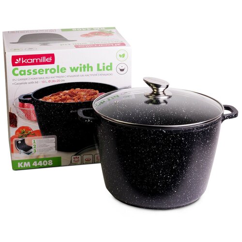 Кастрюля 28х20 см из литого алюминия с антипригарным покрытием чёрный мрамор и стеклянной крышкой Kamille KM-4408 359300₽