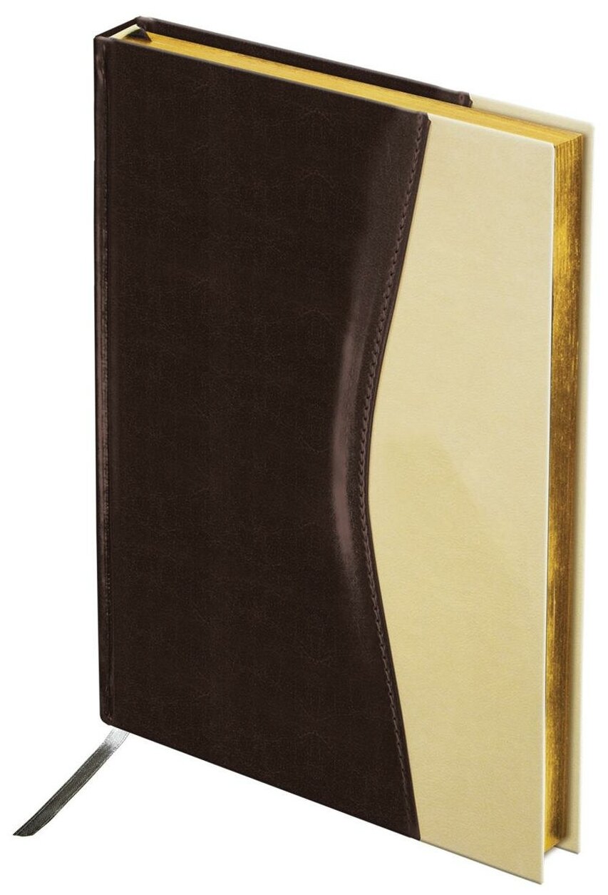 Ежедневник BRAUBERG недатированный, А5, 138х213 мм, De Luxe, под комбинированную кожу, 160 л., коричневый/бежевый, золотой срез, 123403