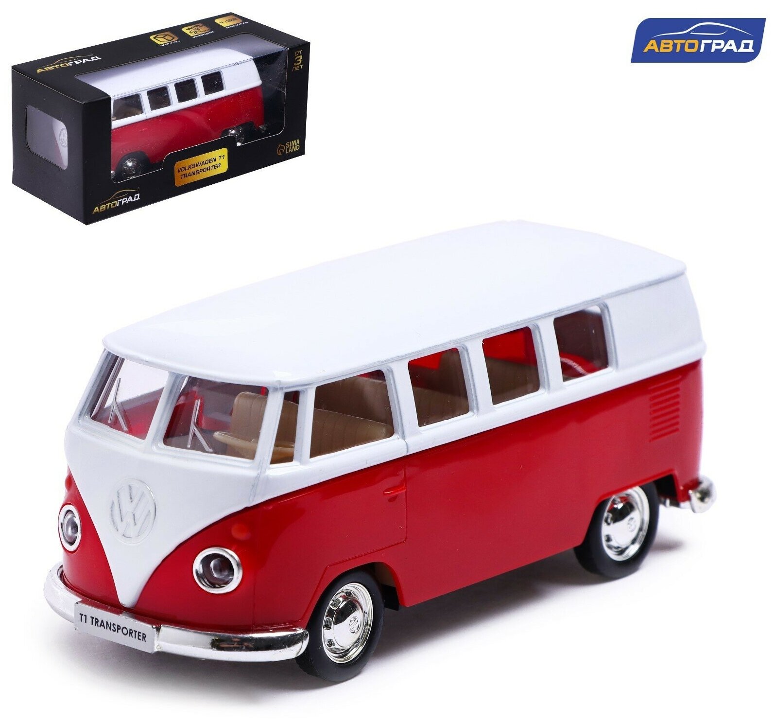 Машина металлическая VOLKSWAGEN TRANSPORTER T1, 1:32, открываются двери, инерция, цвет красный