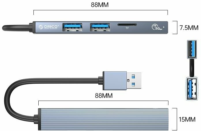Концентратор Orico USB-A 3.0, 2xUSB-A 2.0, 1xTF, вход USB-A 3.0, серый - фото №2