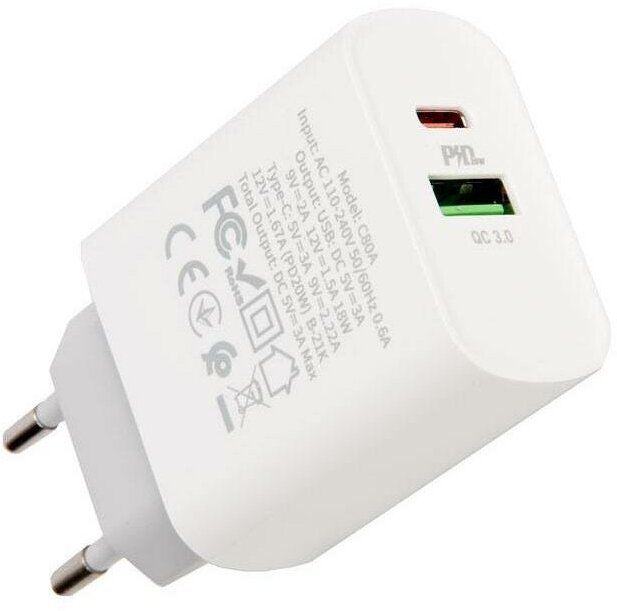 Сетевое зарядное устройство HOCO C80A Rapido PD20W+QC30 charger type-c usb (EU) белый 6931474740519