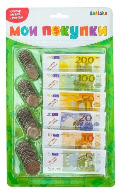 Набор игрушечных денег ZABIAKA "Мои покупки": монеты, бумажные (евро) (3631397)