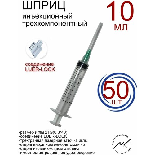 Шприцы одноразовые медицинские 10мл 21G(0,8х40мм) LUER-LOCK
