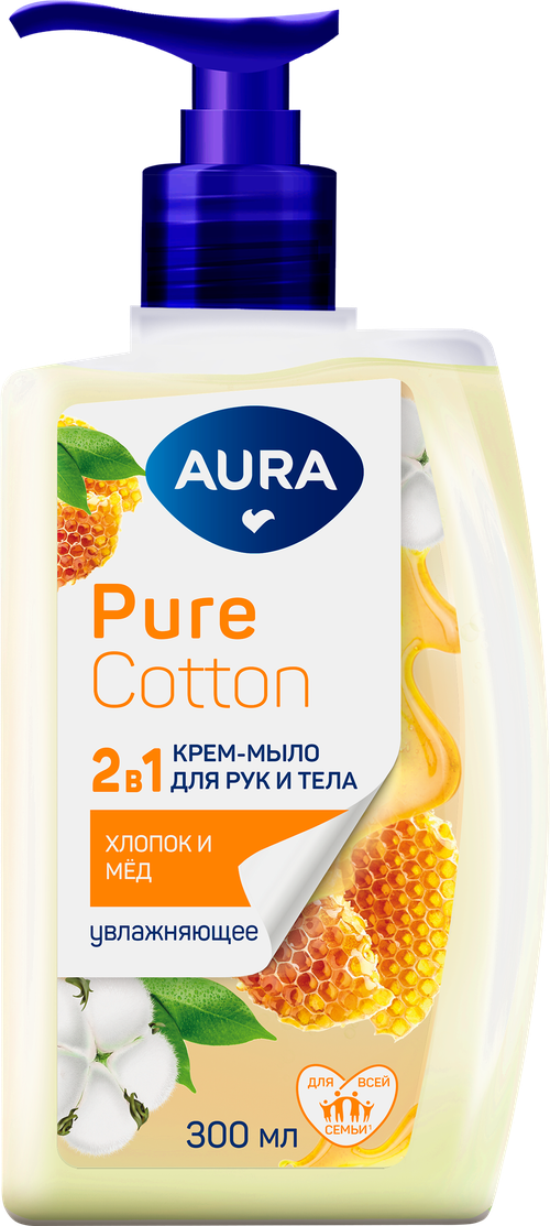 Крем-мыло для рук и тела Aura Pure Cotton 2в1 Хлопок и мед, 300 мл