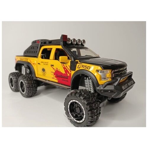 Коллекционная машинка игрушка металлическая Ford Raptor F150 6x6 с дымом для мальчиков масштабная модель 1:24 желтая
