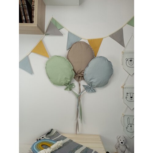 Воздушные шарики из ткани 3 шт./ Декор на стену в детскую комнату/ Сканди декор для детской / Оливковый, какао, серый