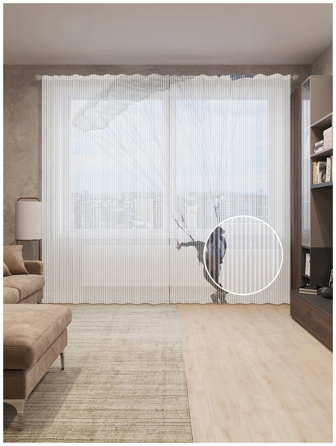 фото Тюль вуаль на шторной ленте с принтом "Парашютный полет" для гостиной, зала, кухни, спальни, детской, 310х265 см; Черный, белый, синий