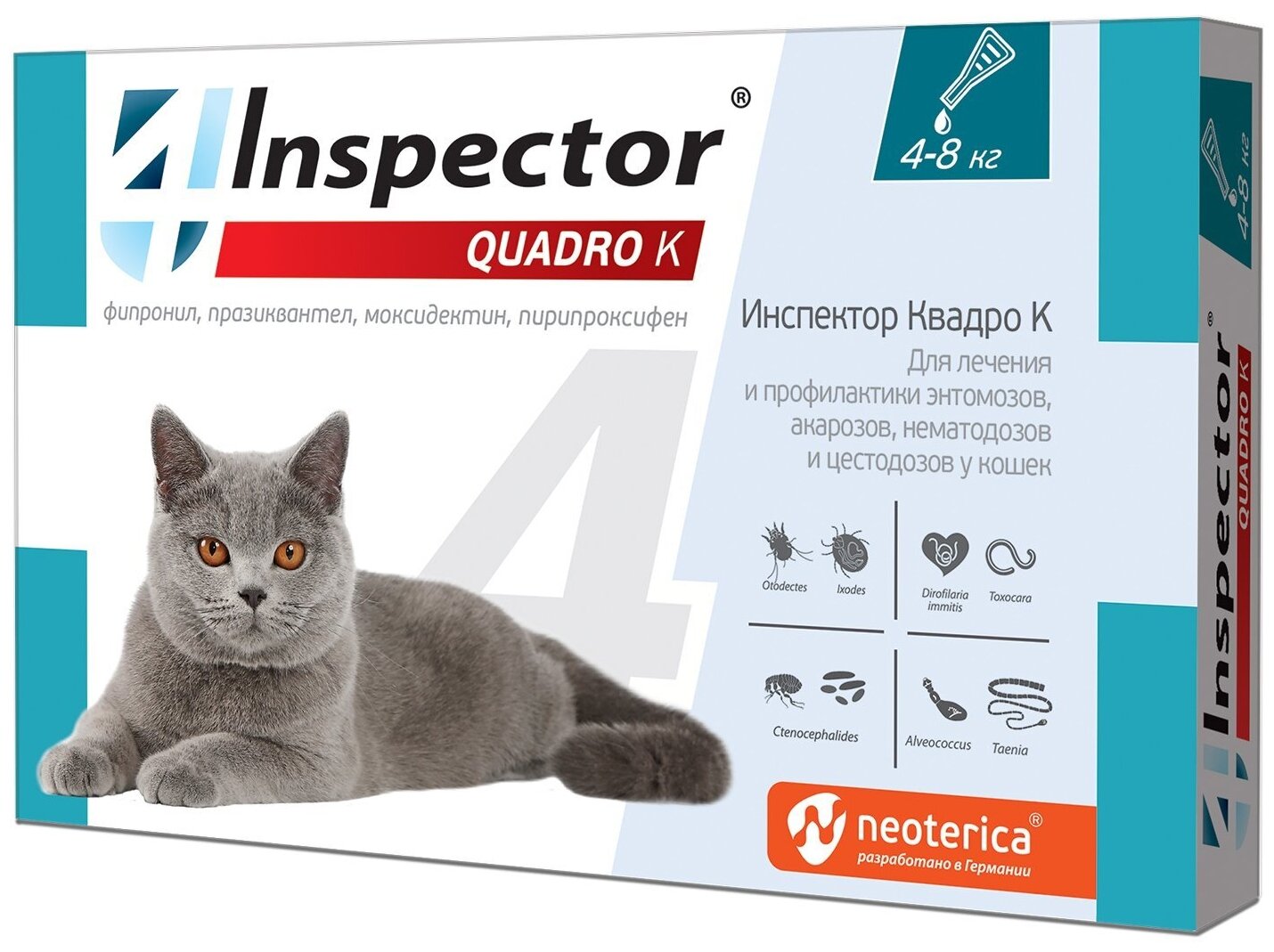 Капли Neoterica Inspector Quadro K для кошек 4-8 кг (1 пипетка 0.8 мг) от гельминтов и других паразитов