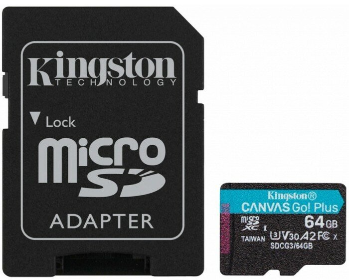 Kingston Карта памяти Micro SecureDigital 64Gb Canvas Go Plus UHS-I U3 A2 + ADP 170 70 MB s SDCG3 64GB