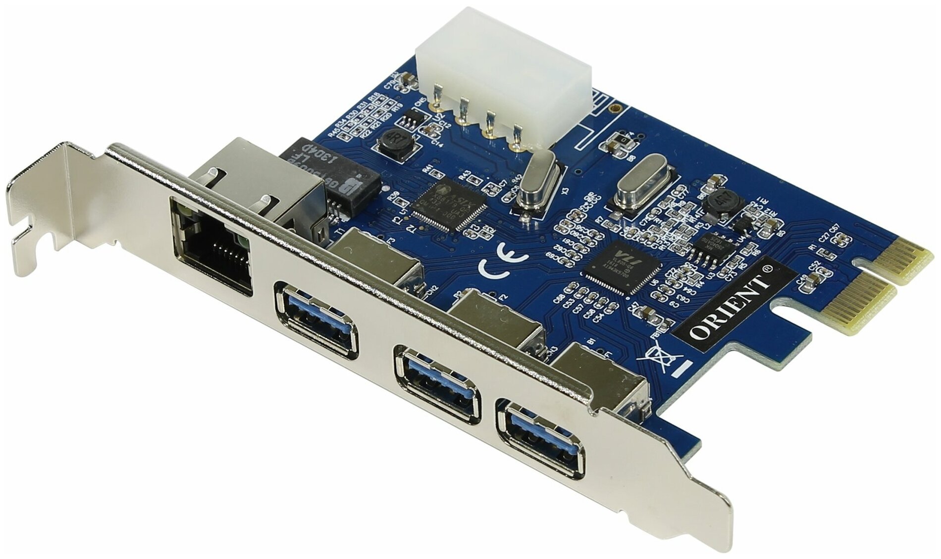 Контроллер PCIe x1 v2.0 (VL805+AX88179) USB 3.2 Gen1x1 3xUSB-A + RJ45 Gigabit Ethernet | ORIENT VA-3U3A88PE oem