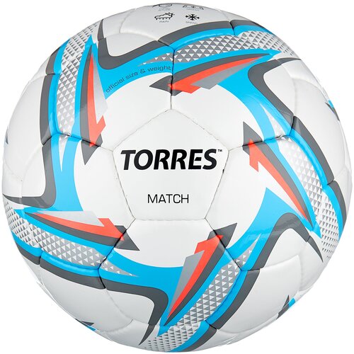 фото Мяч футбольный torres match, размер 4, 32 панели, pu, 4 подкладочных слоя, ручная сшивка, цвет белый/синий/жёлтый