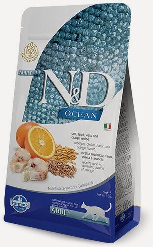 Изображение товара Сухой корм Farmina N&D Ocean Godfish&Orange Adult, для взрослых кошек, низкозерновой, треска, спельта, овес и апельсин, 1,5кг