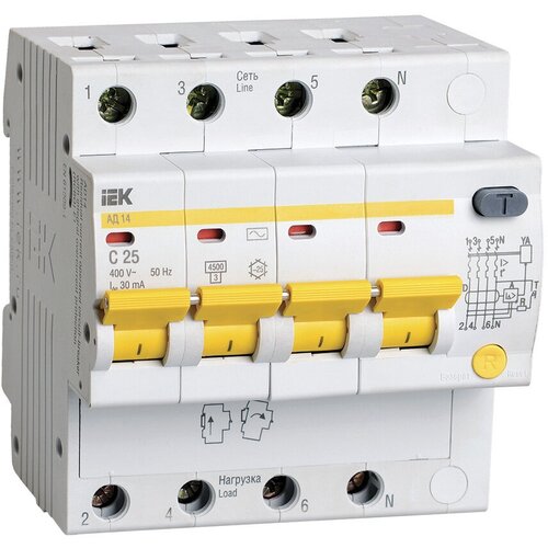 Выключатель автом. дифф. тока IEK АД14 MAD10-4-025-C-030 25A тип C 4.5kA 30мА AC 4П 230/400В 5мод белый (упак:1шт)