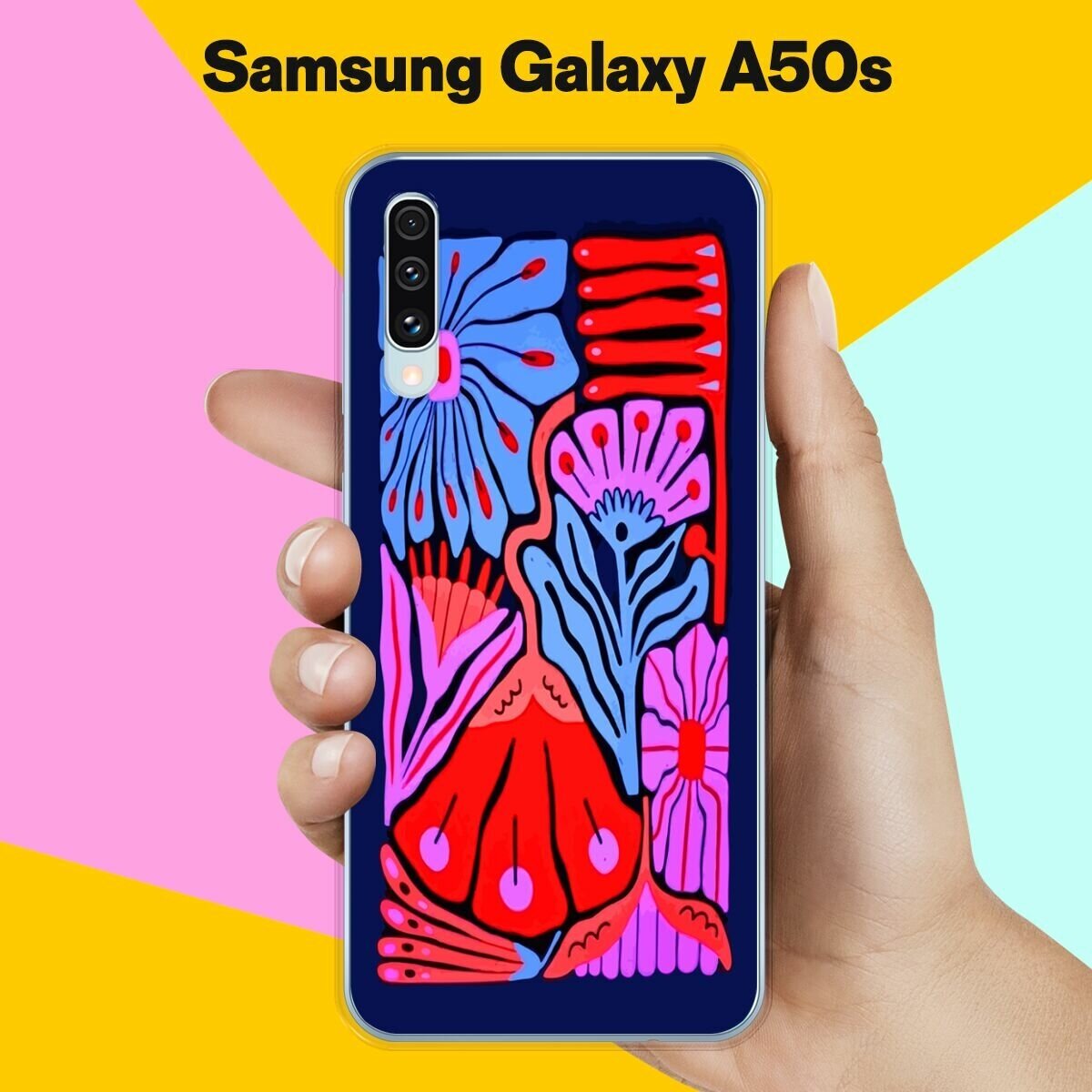 Силиконовый чехол на Samsung Galaxy A50s Цветы на синем / для Самсунг Галакси А50с