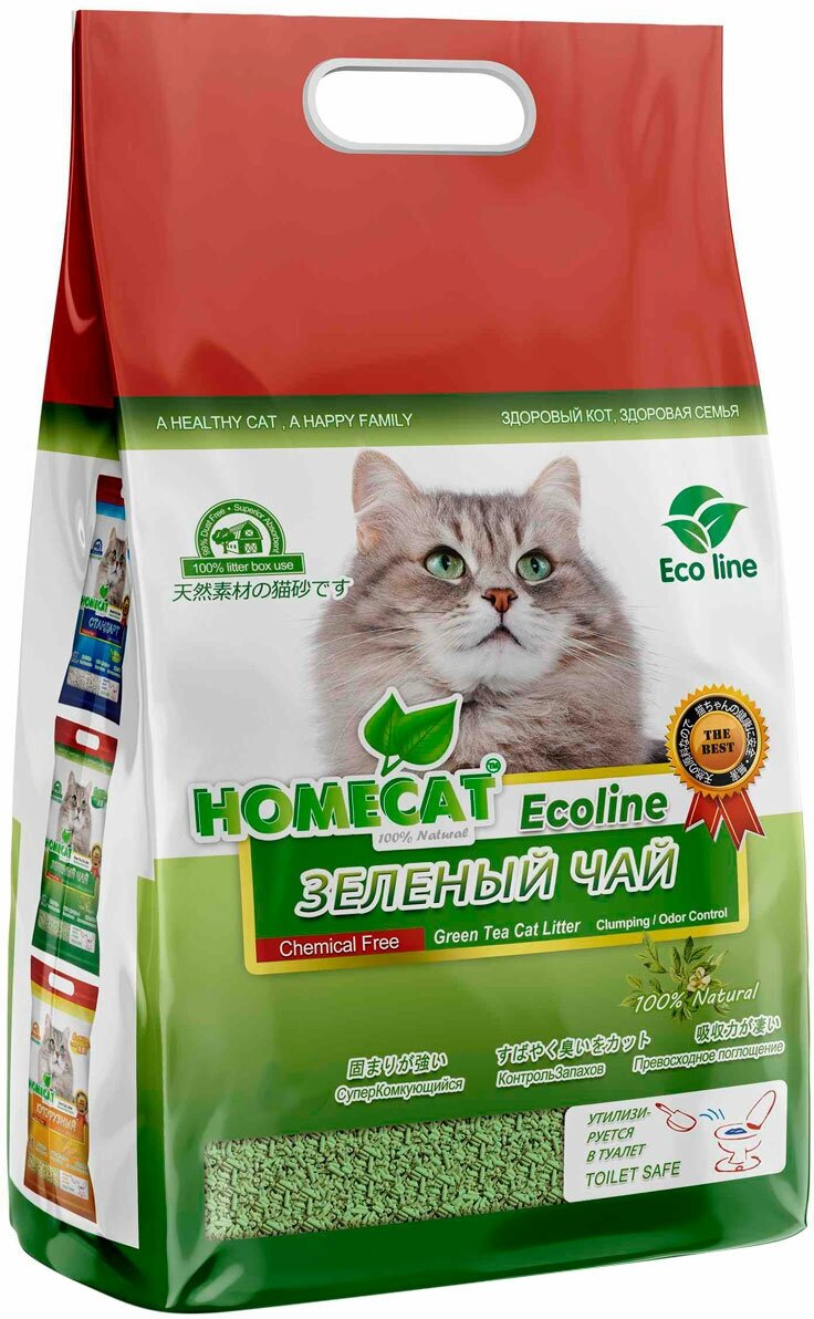 HOMECAT эколайн зеленый ЧАЙ наполнитель комкующийся для туалета кошек (6 л х 4 шт)