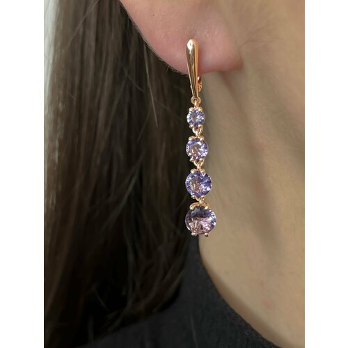 Длинные Серьги Trade Jewelry из серебра 925 пробы (покрытие золото 585) с фиолетовыми фианитами