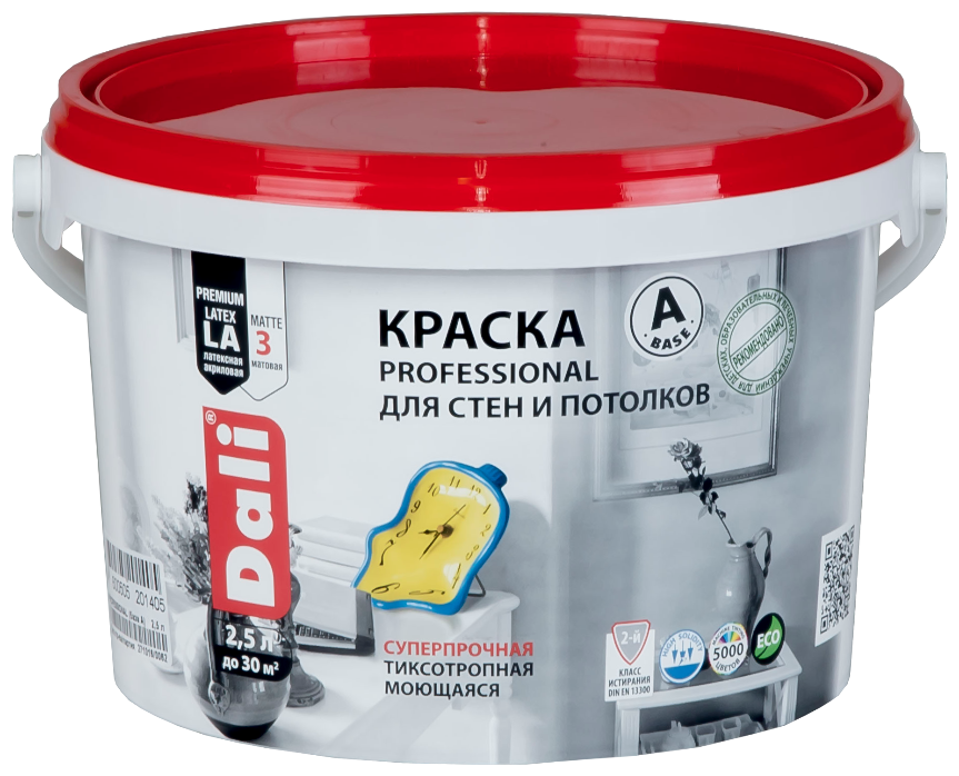 Краска для стен и потолков Dali Professional, акриловая, глубокоматовая, база A, супербелая, 2,5 л