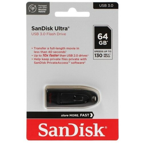 Флешка SanDisk Ultra, 64 Гб, USB 3.0, чт до 100 Мб/с, зап до 40 Мб/с, черная