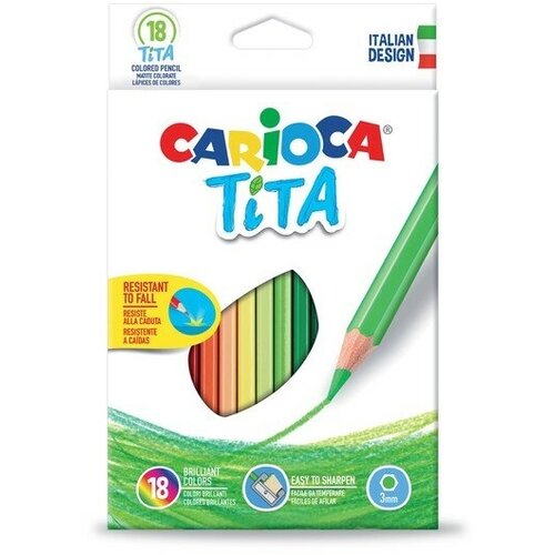 CARIOCA Карандаши 18 цветов Carioca Tita, яркий ударопрочный грифель 3.0 мм, шестигранные, пластиковые, картон, европодвес