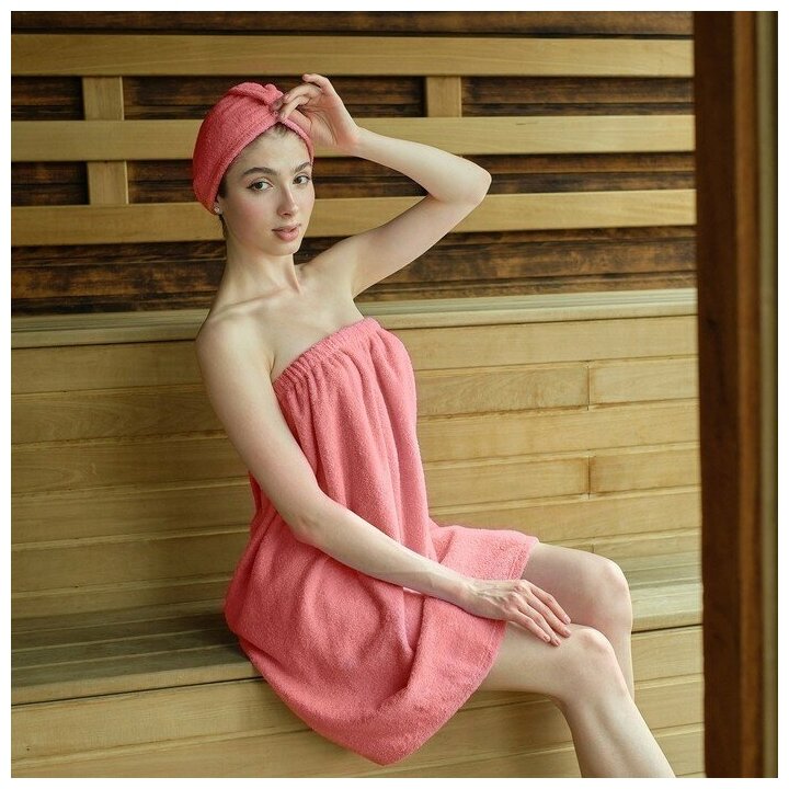 Набор для сауны Экономь и Я: полотенце-парео 68*150см+чалма цв. пыльно-розовый100%хл320 г/м