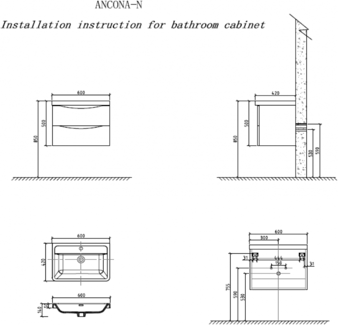 Мебель для ванной подвесная BELBAGNO ANCONA-N-60 Rovere Bianco 60x42x45 - фотография № 3