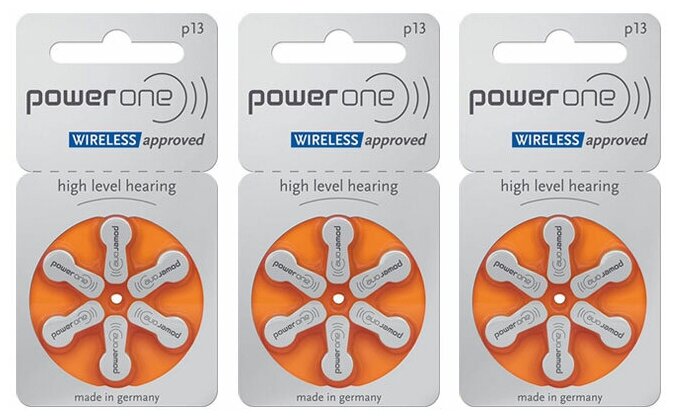 Батарейки PowerOne p13 (PR48) для слуховых аппаратов, 3 блистера (18 батареек)