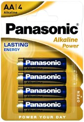 Батарейки Panasonic Alkaline Power AA/LR06, в упаковке: 4 шт. Пальчиковые в фонарь, часы, мышки, игрушки