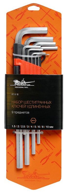 Набор шестигранных ключей удлинённых инбус 9 предметов (1.5,2,2.5,3,4,5,6,8,10мм) пласт.подвес (AT-9-18)