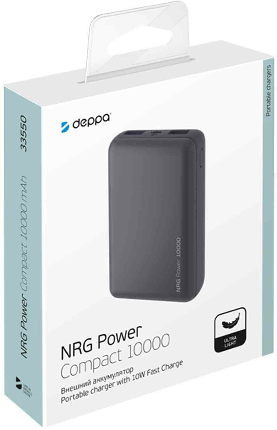 Внешний аккумулятор (Power Bank) DEPPA NRG Power, 10000мAч, серый [33550] - фото №2