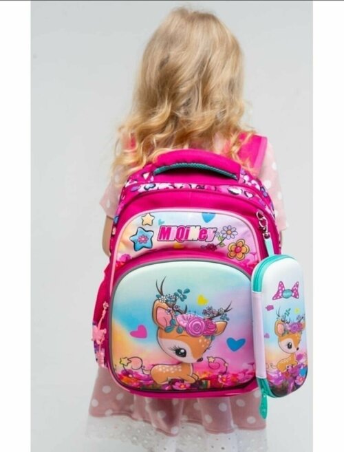 Школьный рюкзак для девочки с пеналом цвета фуксия. Рюкзак с олененком. Школьный портфель для девочки