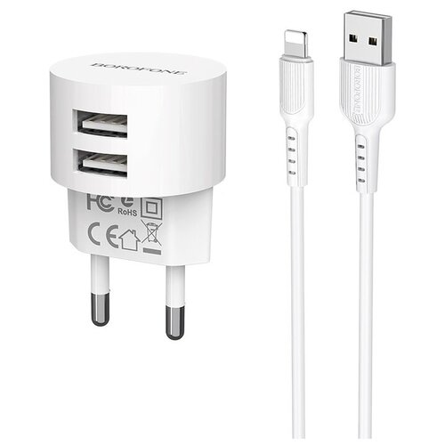 Блок питания сетевой 2 USB Borofone, BA23A, Brilliant, 2400mA, пластик, кабель 8 pin, цвет: белый