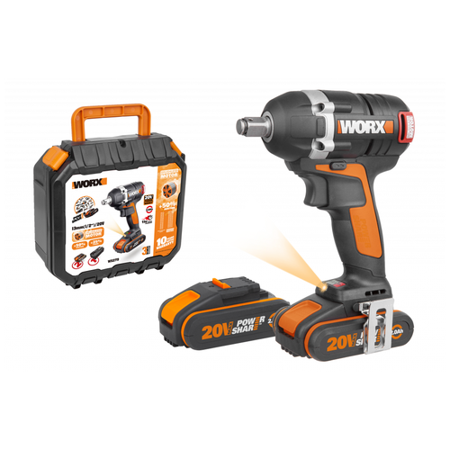 Гайковерт аккумуляторный WORX WX279, 20В, бесщеточный, 2Ач x2, кейс