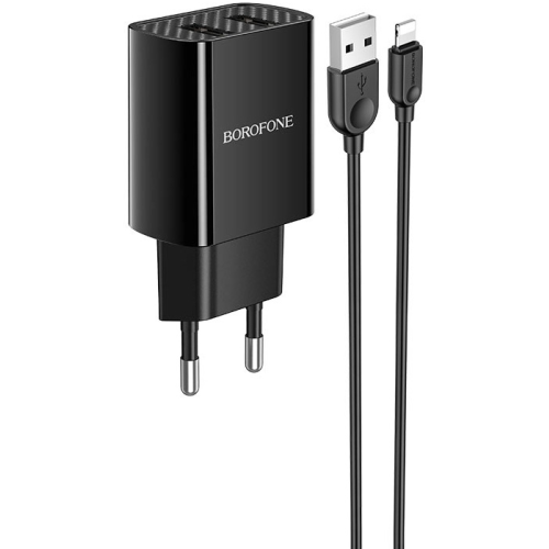 СЗУ Borofone 2.1A + кабель USB - Lightning (BA49A) Black зарядное устройство borofone ba49a usb 2100ma огнестойкий пластик кабель type c чёрное 1 шт