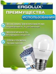 Ergolux LED-G45-10W-E27-4K (Эл.лампа светодиодная Шар 10Вт E27 4500K 220-240В промо), цена за 1 шт.