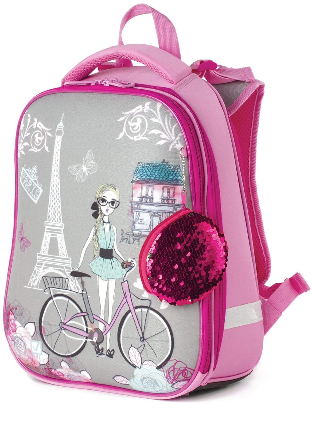 Ранец жесткокаркасный Brauberg Premium, 2 отделения, с брелоком, для девочек, "Париж", 38*29*18 см (227813)