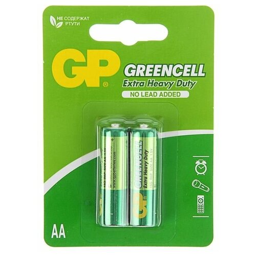 Батарейка солевая GP Greencell Extra Heavy Duty, AA, R6-2BL, 1.5В, блистер, 2 шт. батарейка kodak super heavy duty aa 11 шт