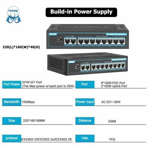 PoE Коммутатор ART-TXE214, 10 портов: 8 с PoE + 2 RJ45(UpLink) 90W коммутатор amatek an s26p24a 26 портовый 100 1000 мбит с коммутатор с poe до 300вт