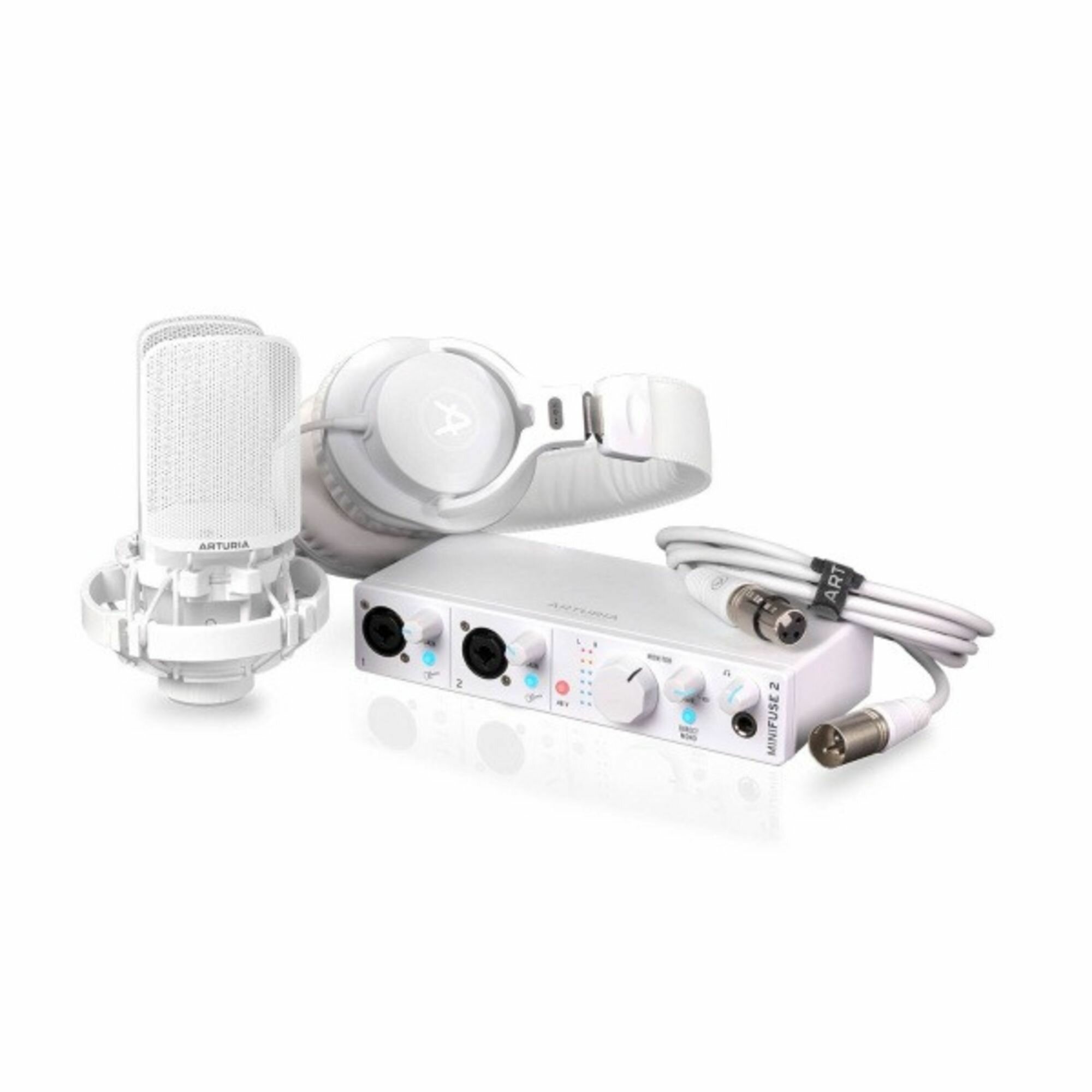 Arturia MiniFuse Recording Pack White Комплект состоящий из USB аудиоинтерфейса MiniFuse 2, микрофона CM1 поп фильтром, наушников EF1 и XLR кабеля. Цв