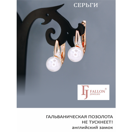Серьги FJ Fallon Jewelry, фианит, жемчуг имитация, размер 9 мм, белый, золотой