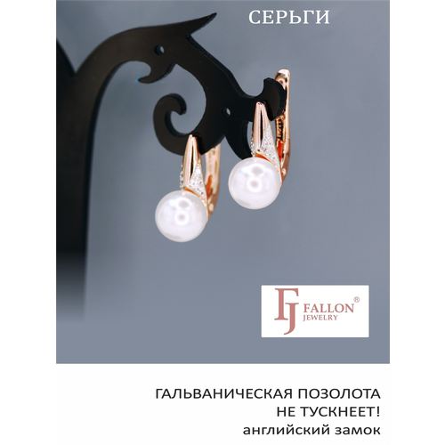 Серьги FJ Fallon Jewelry, фианит, жемчуг имитация, размер/диаметр 9 мм, белый, золотой