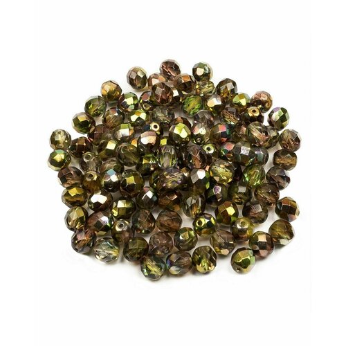 Стеклянные чешские бусины, граненые круглые, Fire polished, 8 мм, цвет Crystal Magic Green, 100 шт.