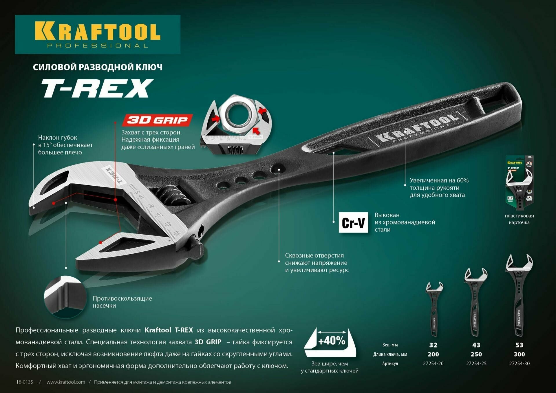 Ключ разводной силовой T-REX 27254-20 KRAFTOOL 200/32 мм Cr-V.