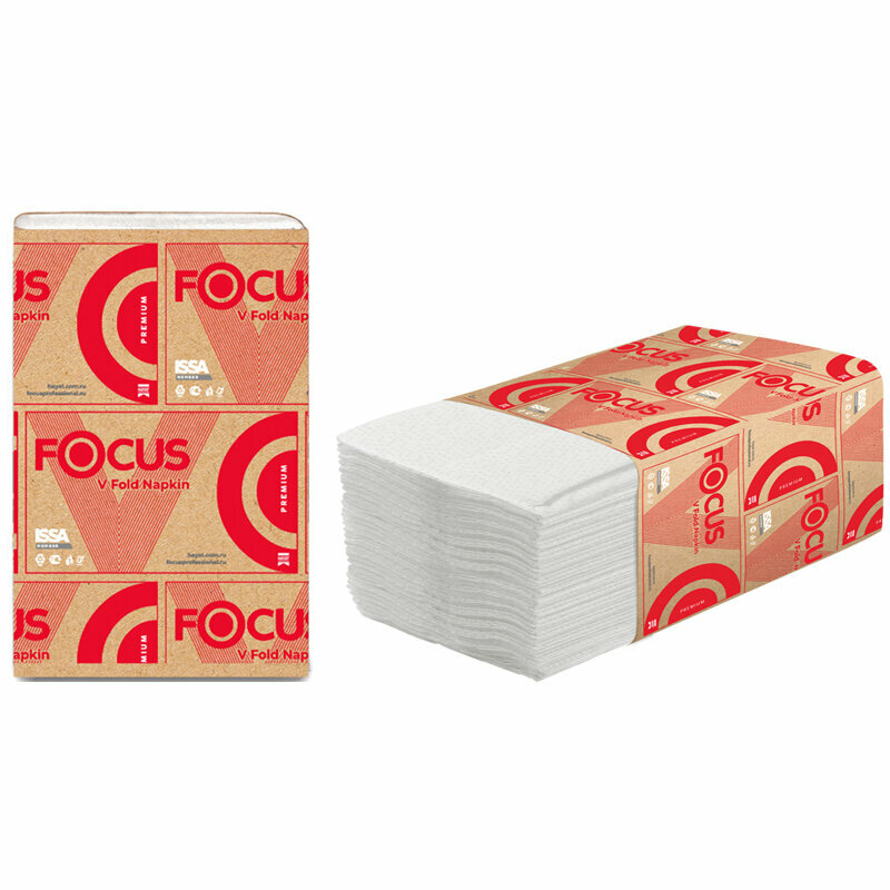 Салфетки бумажные диспенсерные Focus Premium (V-сл), 2-сл, 200л/пач. 16.8×23см, тисн, белые