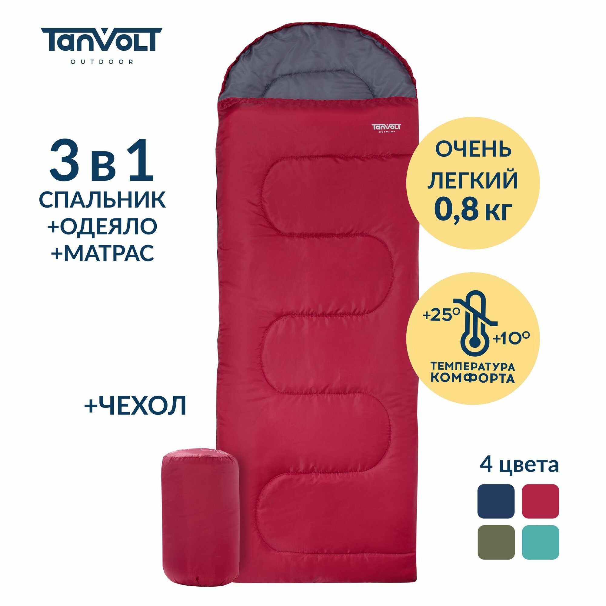 Спальный мешок с подголовником туристический спальник кемпинговый одеяло в палатку для похода кемпинга рыбалки охоты Simple+Red