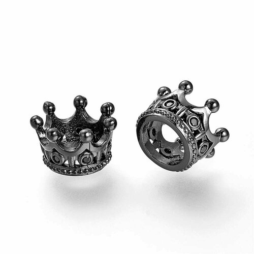 Бусина металлическая, 11*7мм, Milano, Корона, базовый материал - латунь, с черными фианитами, вороненая сталь