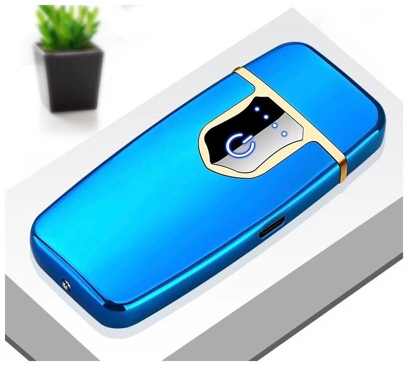 Электронная USB зажигалка ветрозащитная сенсорная подзаряжаемая подарочная компактная, синяя