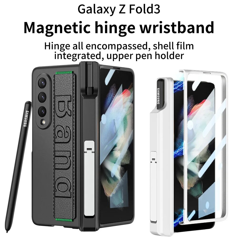 Кожаный эластичный чехол с наручным ремешком для Samsung Galaxy Z Fold 3, чехол с полным покрытием, противоударные Чехлы для Galaxy Z Fold3, Carbon fiber, Galaxy Z Fold3 — фото 1