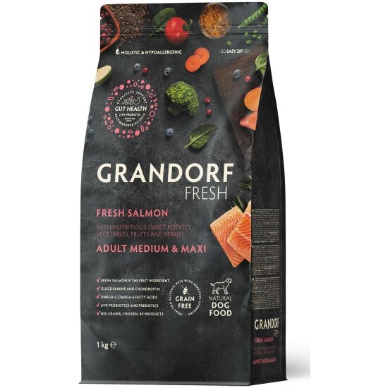 Корм сухой Grandorf Fresh , беззерновой с живыми пробиотиками, свежее филе лосося с бататом для собак средних и крупных пород, 1 кг